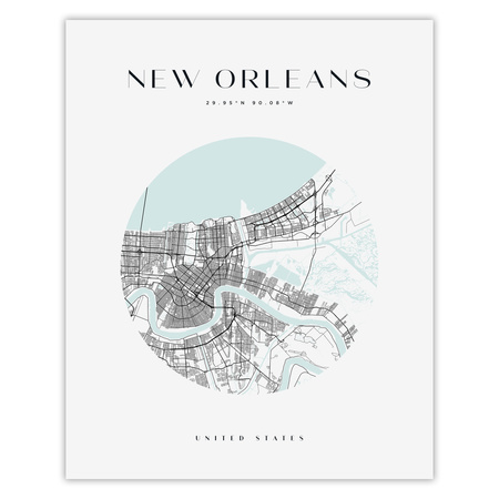Poster Map of the city of New Orleans circle 40X50 cm + gold frame