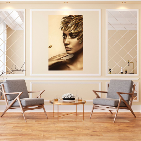 Canvas Print Pensive Woman Golden Colors Feathers 80x120 cm