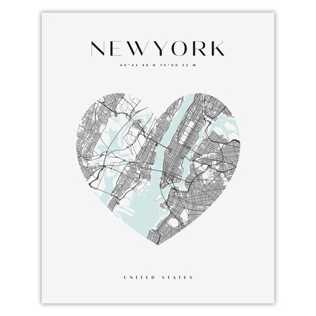 Poster New York city map heart 40X50 cm + gold frame