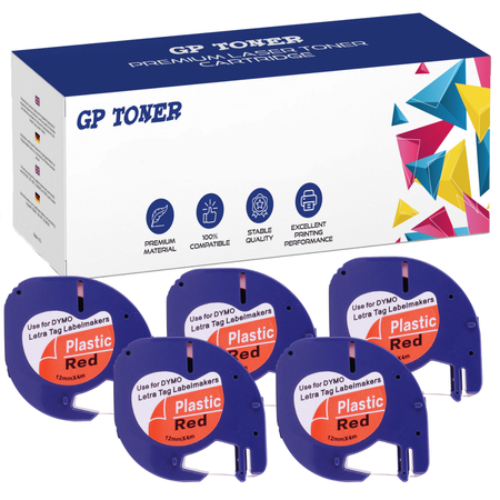 5x Dymo LetraTag 59424 Tape 12mm x 4m Red Plastic - replacement GP-DY59424 x5