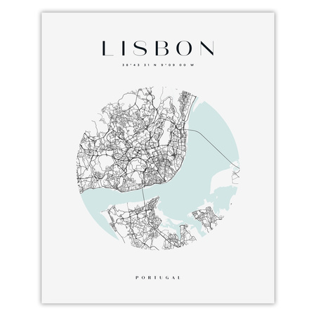 Poster Lisbon city map circle 40X50 cm + gold frame