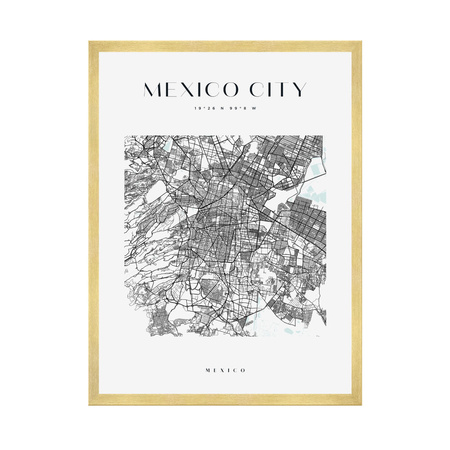 Poster Map of Mexico City square 40X50 cm + gold frame