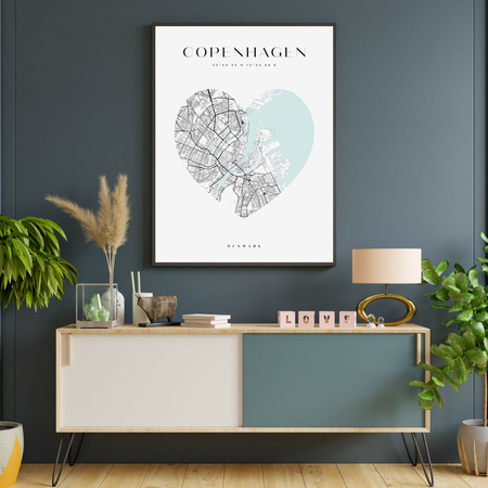 Poster Copenhagen city map heart 40X50 cm + gold frame