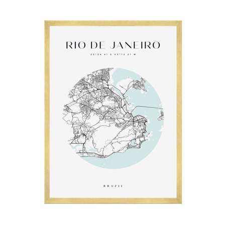 Poster Map of Rio De Janeiro city circle 40X50 cm + gold frame