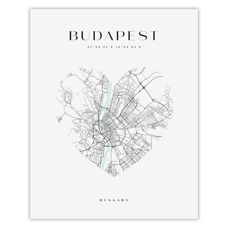 Poster Budapest city map heart 40X50 cm + gold frame
