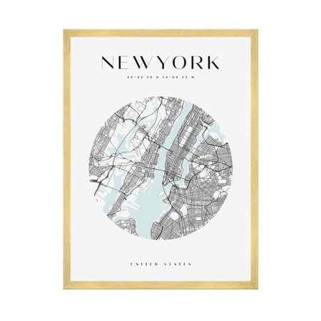 Poster Map of New York city circle 40X50 cm + gold frame