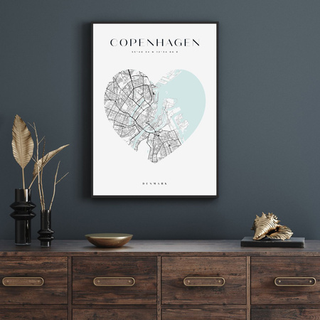 Poster Copenhagen city map heart 40X50 cm + gold frame
