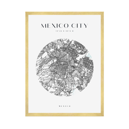 Poster Map of Mexico City circle 40X50 cm + gold frame