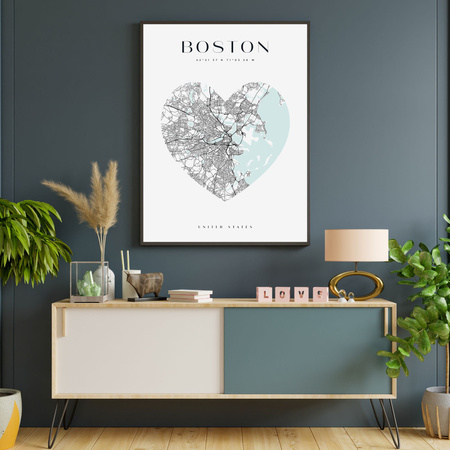 Poster Boston city map heart 40X50 cm + gold frame
