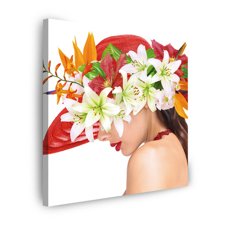 Canvas Print Woman Flowers Spring Hat 90X90 cm