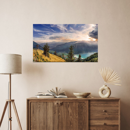 Canvas Print Sun Over Mountains Clouds Village 100x80 cm