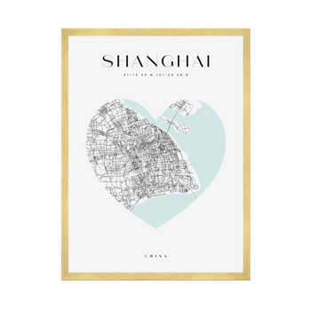 Poster Shanghai city map heart 40X50 cm + gold frame