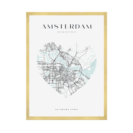 Poster Amsterdam city map heart 40X50 cm + gold frame