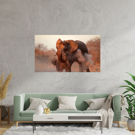 Canvas Print Elephants Orange Sky Smoke Art 100x80 cm