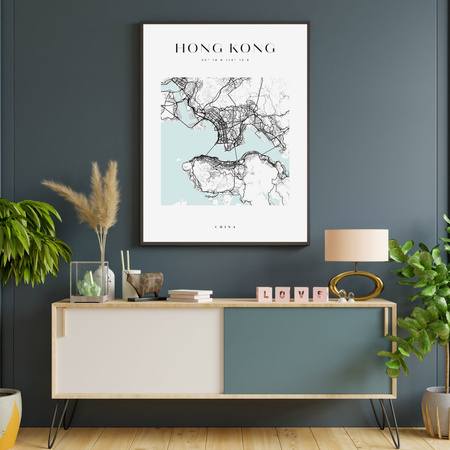 Poster Hong Kong city map square 40X50 cm + gold frame