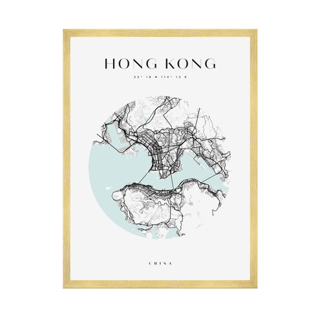 Poster Hong Kong city map circle 40X50 cm + gold frame
