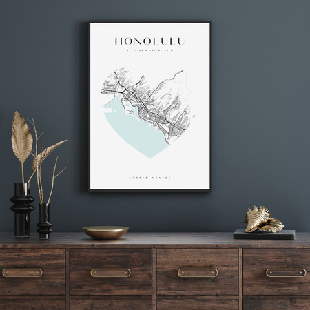 Poster Honolulu city map heart 40X50 cm + gold frame