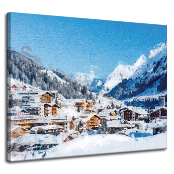 Canvas Print Snowy Village Among the Mountains Winter 100x80 cm