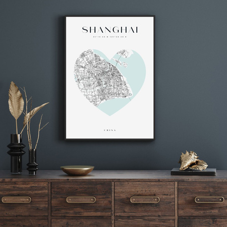 Poster Shanghai city map heart 40X50 cm + gold frame