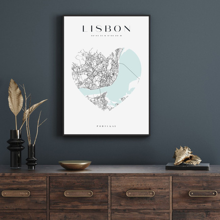 Poster Lisbon city map heart 40X50 cm + gold frame