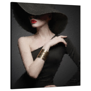Canvas Print Elegant Woman Black Hat Red Lips 80x100 cm