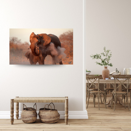 Canvas Print Elephants Orange Sky Smoke Art 100x80 cm