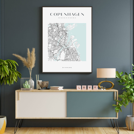 Poster Map of Copenhagen square 40X50 cm + gold frame