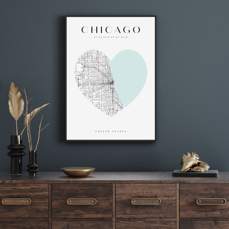 Poster Chicago map heart 40X50 cm + gold frame