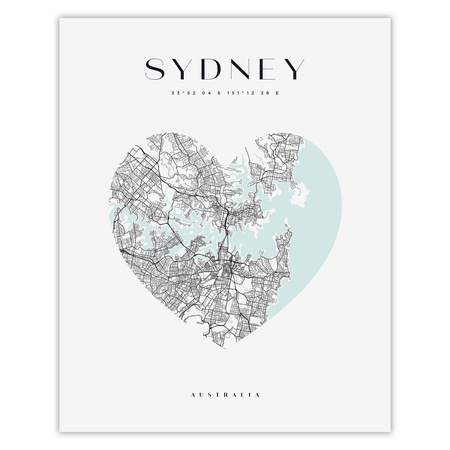 Poster Sydney city map heart 40X50 cm + gold frame