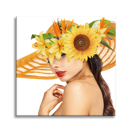 Canvas Print Summer Woman Beauty Hat Flowers 90X90 cm