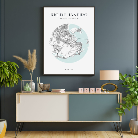 Poster Map of Rio De Janeiro city circle 40X50 cm + gold frame