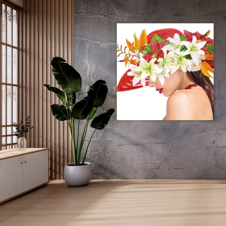 Canvas Print Woman Flowers Spring Hat 90X90 cm