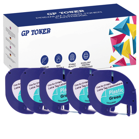 5x Dymo LetraTag 59425 Tape 12mm x 4m Green Plastic - replacement GP-DY59425 x5