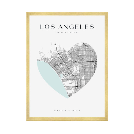 Poster Los Angeles city map heart 40X50 cm + gold frame