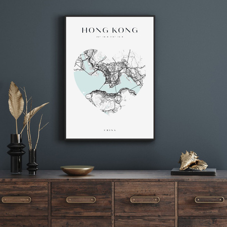 Poster Hong Kong city map heart 40X50 cm + gold frame