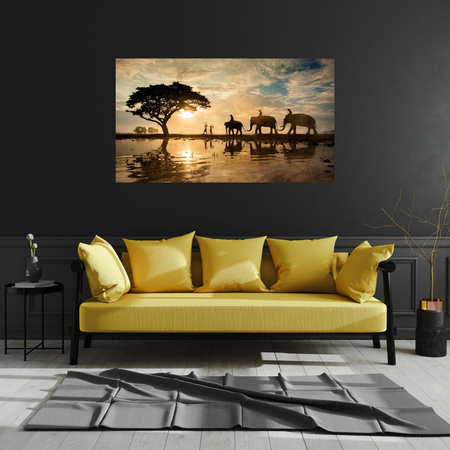 Canvas Print People on Elephants Sunset Africa Savannah 100x80 cm
