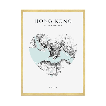 Poster Hong Kong city map heart 40X50 cm + gold frame