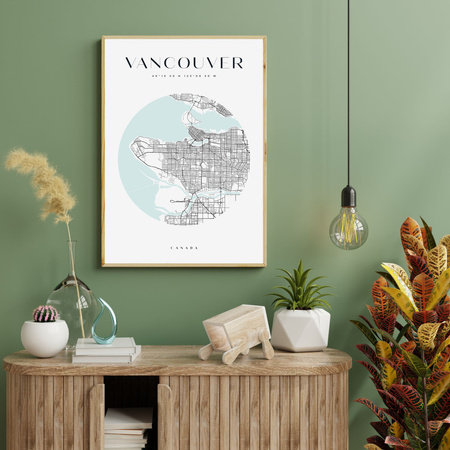 Poster Map of Vancouver city circle 40X50 cm + gold frame