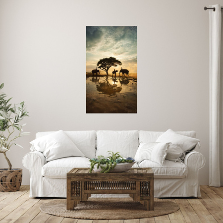Canvas Print People on Elephants at Sunset 80x120 cm