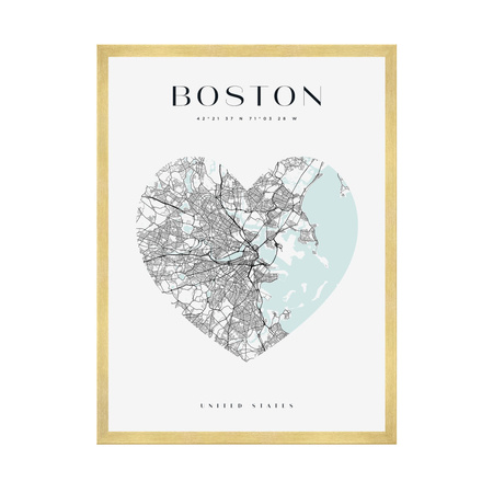 Poster Boston city map heart 40X50 cm + gold frame
