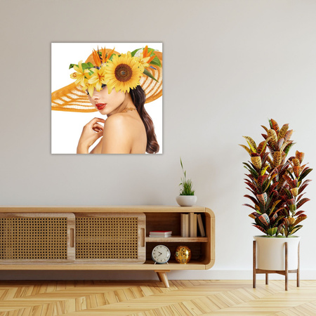 Canvas Print Summer Woman Beauty Hat Flowers 90X90 cm