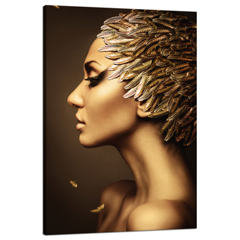 Canvas Print Pensive Woman Golden Colors Feathers 80x120 cm