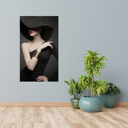 Canvas Print Elegant Woman Black Hat Red Lips 80x100 cm