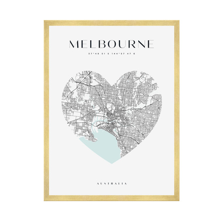 Poster Melbourne city map heart 40X50 cm + gold frame