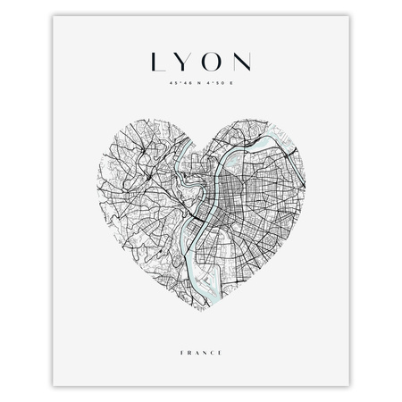 Poster Lyon city map heart 40X50 cm + gold frame