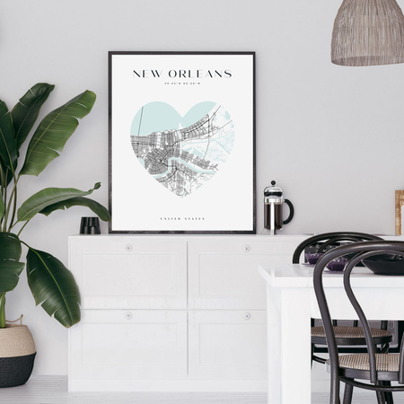 Poster New Orleans city map heart 40X50 cm + gold frame