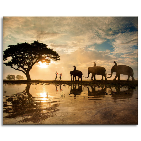 Canvas Print People on Elephants Sunset Africa Savannah 100x80 cm