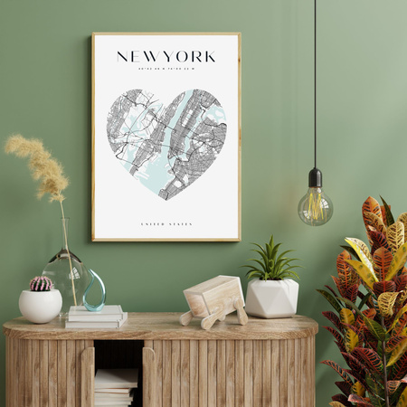 Poster New York city map heart 40X50 cm + gold frame