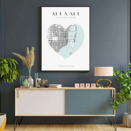 Poster Miami city map heart 40X50 cm + gold frame