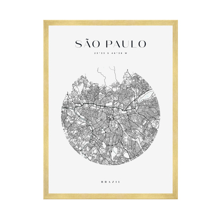 Poster Map of Sao Paulo city circle 40X50 cm + gold frame